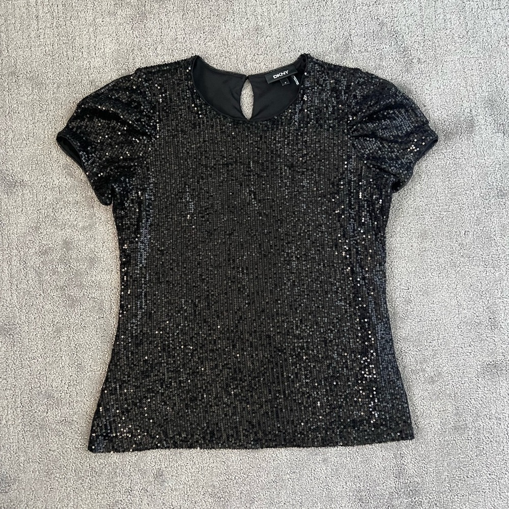 DKNY Black Sequin Short Sleeve Top
